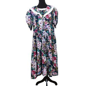 Vintage 80s Lisa II Women's Plus Size 20P Petite Floral Lace White Collar Dress